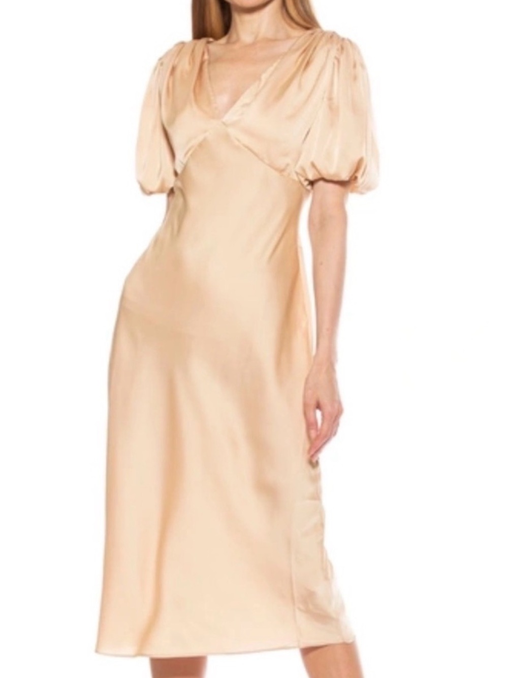 Alexia Admor Champagne Satin Puff-Sleeve Midi Dress